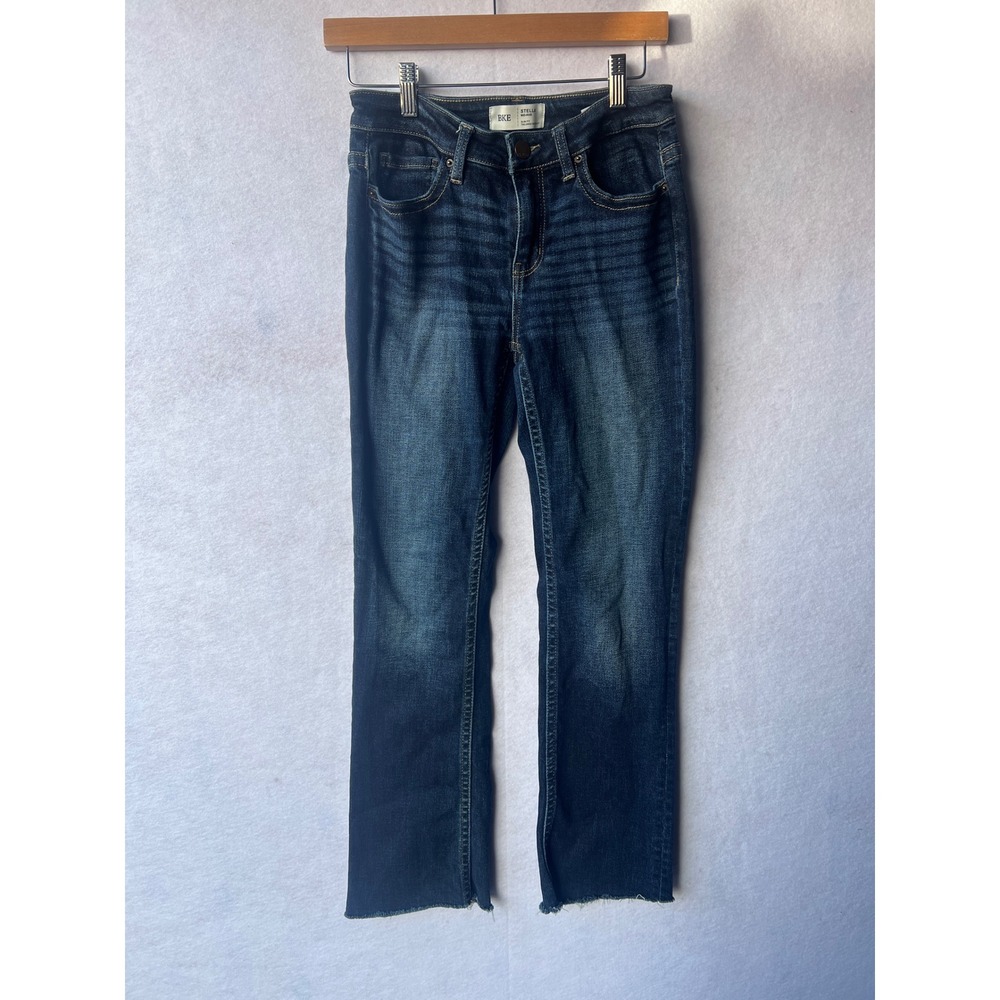 BKE Stella Mid Rise Slim Fit Tailored Bootcut Jeans Dark Wash Raw Hem 27 x 31.5